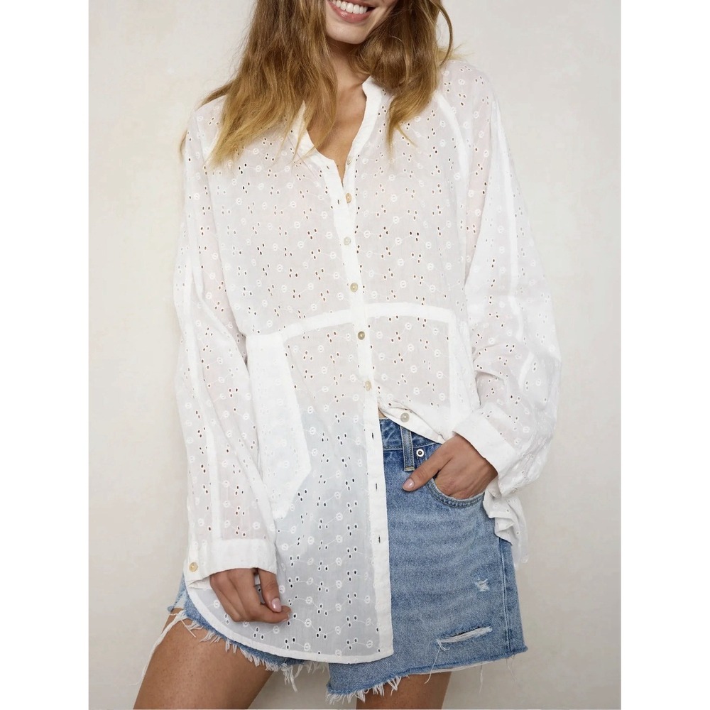 Natural Life Women's L White Cotton Eyelet Long Sleeve Boho Button Up Blouse